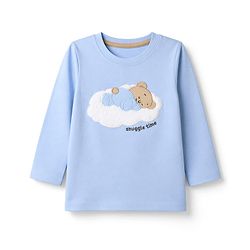 Babyhug 100% Cotton Knit Full Sleeves T-Shirt & Pyjama Night Suit with Bear Patch & Star Print - Sky Blue