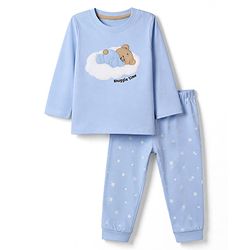 Babyhug 100% Cotton Knit Full Sleeves T-Shirt & Pyjama Night Suit with Bear Patch & Star Print - Sky Blue