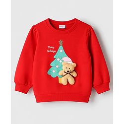 Babyhug 100% Cotton Knit Full Sleeves Sweatshirt With Bear Applique - Red