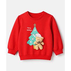 Babyhug 100% Cotton Knit Full Sleeves Sweatshirt With Bear Applique - Red