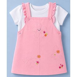 Babyhug Twill Woven Half Sleeves Floral Embroidery Frock with Inner Tee - Pink