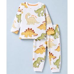 Babyhug 100% Cotton Knit Full Sleeves Co-Ords T-Shirt & Pyjama Night Suit with Dinosaur Print - White
