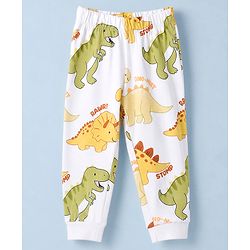 Babyhug 100% Cotton Knit Full Sleeves Co-Ords T-Shirt & Pyjama Night Suit with Dinosaur Print - White