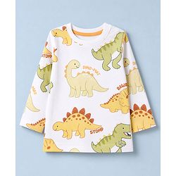Babyhug 100% Cotton Knit Full Sleeves Co-Ords T-Shirt & Pyjama Night Suit with Dinosaur Print - White