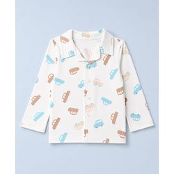 Babyhug 100% Cotton Knit Full Sleeves Co-Ords Shirt & Pyjama Night Suit with Car Print - White