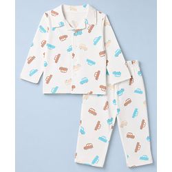 Babyhug 100% Cotton Knit Full Sleeves Co-Ords Shirt & Pyjama Night Suit with Car Print - White