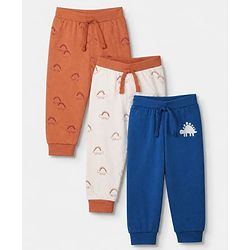 Babyhug Cotton Jersey Knit Full Length Lounge Pants with Dinosaur Print Pack of 3 - Blue, Orange & White