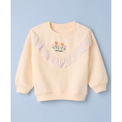 Babyhug 100% Cotton Knit Sweatshirt with Heavy Gauge Full Sleeves and Floral Print With Lace in Peach