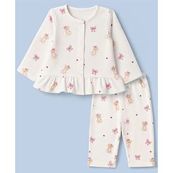 Babyhug Cotton Knit Full Sleeves Co-Ords T-Shirt & Pyjama Night Suit with Bow & Bear Print - White
