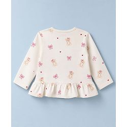 Babyhug Cotton Knit Full Sleeves Co-Ords T-Shirt & Pyjama Night Suit with Bow & Bear Print - White