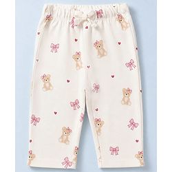 Babyhug Cotton Knit Full Sleeves Co-Ords T-Shirt & Pyjama Night Suit with Bow & Bear Print - White