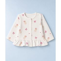 Babyhug Cotton Knit Full Sleeves Co-Ords T-Shirt & Pyjama Night Suit with Bow & Bear Print - White