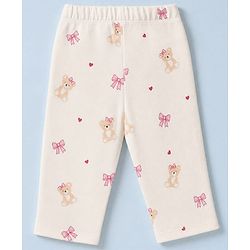 Babyhug Cotton Knit Full Sleeves Co-Ords T-Shirt & Pyjama Night Suit with Bow & Bear Print - White