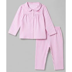 Babyhug 100% Cotton Knit Full Sleeves Striped Co-Ords Top & Pyjama Night Suit with Bow Embroidery - Pink