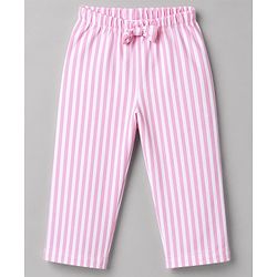 Babyhug 100% Cotton Knit Full Sleeves Striped Co-Ords Top & Pyjama Night Suit with Bow Embroidery - Pink