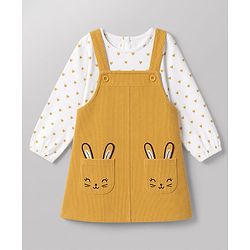 Babyhug Corduroy Woven Frocks with Inner Tee with Full Sleeves and Bunny Applique - Mustard