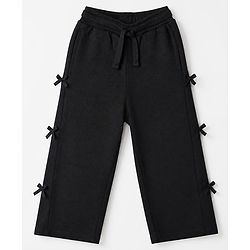 Babyhug Cotton Looper Knit Full Length Lounge Pants with Bow Applique - Black