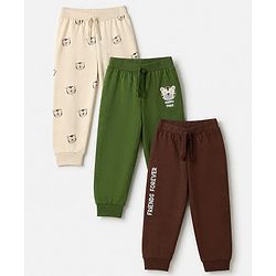Babyhug Cotton Knit Full Length Lounge Pant with Tiger Print Pack of 3 - Green Maroon Beige