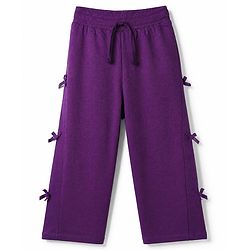 Babyhug Cotton Looper Knit Full Length Lounge Pants with Ribbed Waist and Bow Applique - Purple