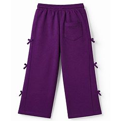 Babyhug Cotton Looper Knit Full Length Lounge Pants with Ribbed Waist and Bow Applique - Purple