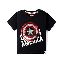 Babyhug Marvel Single Jersey Knit Half Sleeves Round Neck T-Shirt With Captain America Shield Reversible Sequins - Black