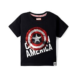 Babyhug Marvel Single Jersey Knit Half Sleeves Round Neck T-Shirt With Captain America Shield Reversible Sequins - Black