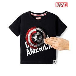 Babyhug Marvel Single Jersey Knit Half Sleeves Round Neck T-Shirt With Captain America Shield Reversible Sequins - Black