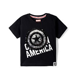 Babyhug Marvel Single Jersey Knit Half Sleeves Round Neck T-Shirt With Captain America Shield Reversible Sequins - Black