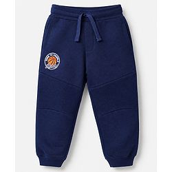 Babyhug Cotton Looper Knit Jogger Fit Full Length Joggers with Drawstring and Basketball Embroidery in Navy Blue