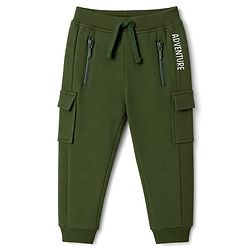 Babyhug 100% Cotton Looper Knit Full Length Cargo Style Joggers With Adventure Text Print - Olive Green