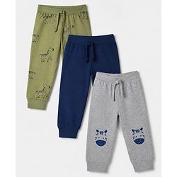 Babyhug Cotton Jersey Knit Full Length Jogger Fit Lounge Pants with Zebra Print Pack of 3 - Olive Green, Light Grey & Navy Blue