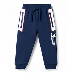 Babyhug 100% Cotton Looper Knit Full Length Joggers With League Text Print & Pockets - Navy Blue