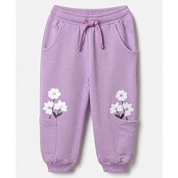Babyhug Cotton Looper Knit Full Length Track Pants With Floral Print - Purple