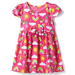 Babyhug Single Jersey Knit Half Sleeves Frock With Rainbow Bees & Floral Print - Pink