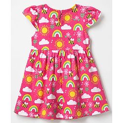 Babyhug Single Jersey Knit Half Sleeves Frock With Rainbow Bees & Floral Print - Pink