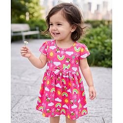 Babyhug Single Jersey Knit Half Sleeves Frock With Rainbow Bees & Floral Print - Pink
