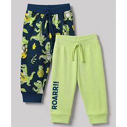 Babyhug Cotton Jersey Knit Full Length Jogger Fit Lounge Pant with Crocodile Print Pack of 2 in Navy Blue Lime Green