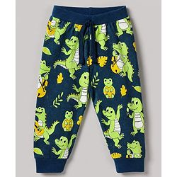 Babyhug Cotton Jersey Knit Full Length Jogger Fit Lounge Pant with Crocodile Print Pack of 2 in Navy Blue Lime Green