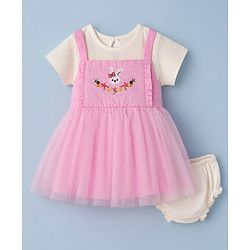 Babyhug Woven Half Sleeves Frock with Bloomer and Rabbit Embroidery in Pink