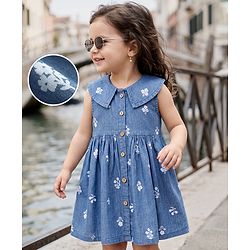 Babyhug Denim Woven Frock with Sleeveless and Floral Print in Blue