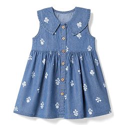 Babyhug Denim Woven Frock with Sleeveless and Floral Print in Blue
