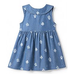 Babyhug Denim Woven Frock with Sleeveless and Floral Print in Blue