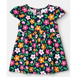 Babyhug Single Jersey Knit Frock with Half sleeves and Floral Print in Navy in Blue
