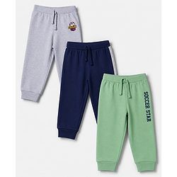 Babyhug 100% Cotton Looper Knit Full Length Joggers With Soccer Star Text Print - Grey, Navy Blue & Olive Green