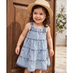 Babyhug Woven Sleeveless Denim Tiered Frock with Ice Cream Embroidery - Blue