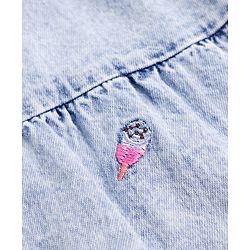 Babyhug Woven Sleeveless Denim Tiered Frock with Ice Cream Embroidery - Blue