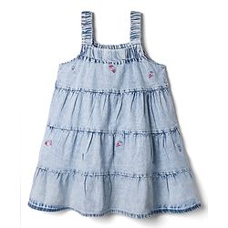 Babyhug Woven Sleeveless Denim Tiered Frock with Ice Cream Embroidery - Blue