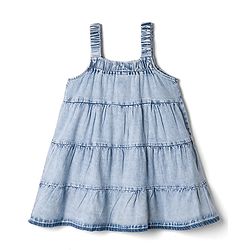 Babyhug Woven Sleeveless Denim Tiered Frock with Ice Cream Embroidery - Blue