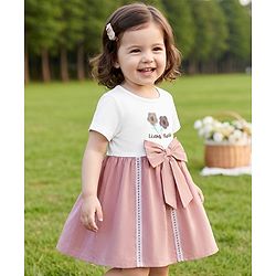 Babyhug Poplin Woven Frock with Half Sleeves and Floral Embroidery in Pink