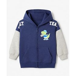 Babyhug Heavy Gauge Fleece Knit Full Sleeves Hooded Sweat Jacket With Dinosaur & Text Print - Navy Blue